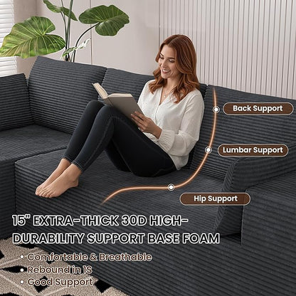106" Cloud Sectional Boneless Couches for Living Room, Modular L Shaped Couch with Deep Seat Oversized Right Facing Chaise, Memory Foam Compressed Spineless 3 Seater Sofa for Apartment, Grey