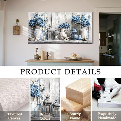 SERIMINO Extra Large Wall Art, Flower Wall Art, Nautical Wall Decor, Rustic Still Life Painting Prints, Blue Floral Starfish Pictures for Living Room Dining Room Modern Farmhouse Beach House 29"x57"