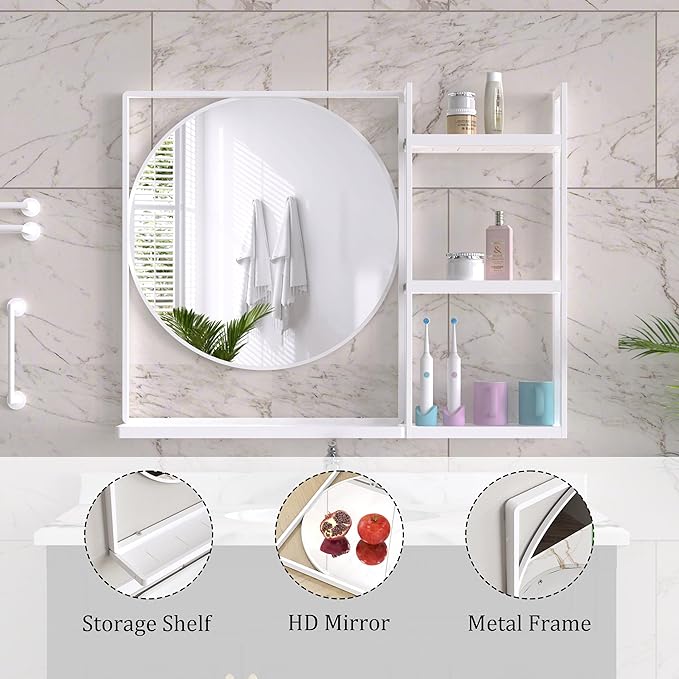White Metal Framed Bathroom Mirror with Shelf, 31" X 24.4" Rectangular Wall Mounted Bathroom Vanity Mirror, Modern Bathroom Mirror with Storage for Over Sink, Entryway
