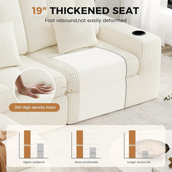 112" L Shaped Cloud Boneless Couch,Modern Modular Sectional Sofa with Layered Cushion,No Assembly Convertible Corduroy Couches for Living Room,Beige 1 PCS
