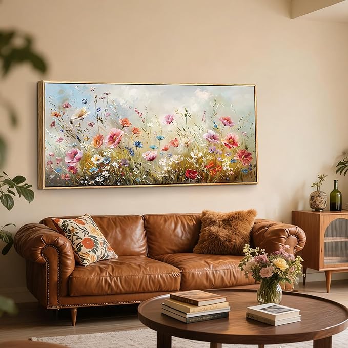 crmotu Floral Wall Art, Extra Large Wall Art, Flower Wall Decor, Oversized Framed Artwork for Walls, Colorful Wildflower Art Prints, Botanical Painting for Living Room Office Dining Room Hotel 32"x71"