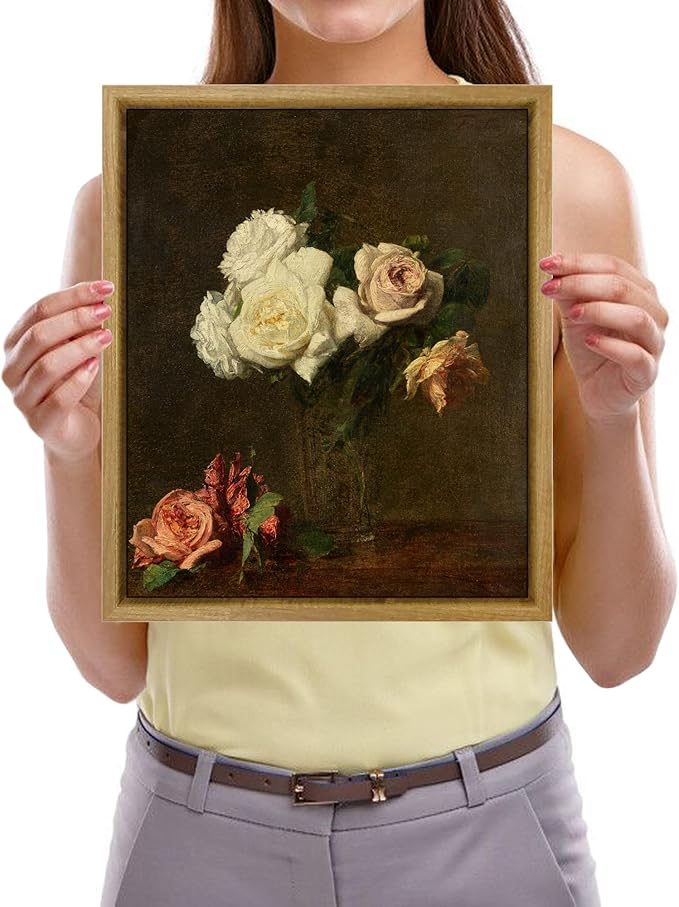 Pyradecor Vintage Retro Framed Wall Art Bathroom Decor Wall Art Roses Paintings Pictures Canvas Prints Mid Century Wall Decor for Living Room Kitchen Decorations