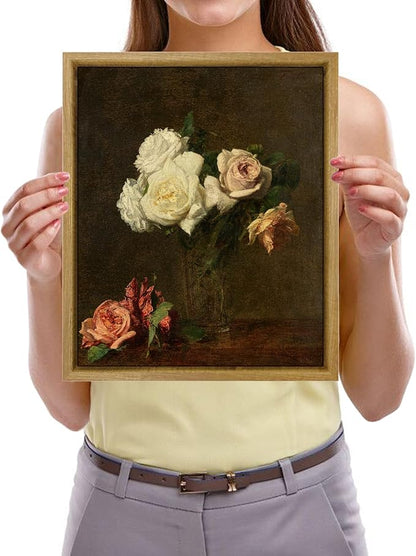 Pyradecor Vintage Retro Framed Wall Art Bathroom Decor Wall Art Roses Paintings Pictures Canvas Prints Mid Century Wall Decor for Living Room Kitchen Decorations