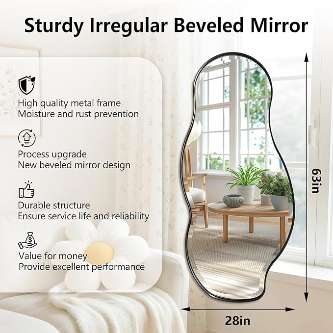 POZINO Large Irregular Mirror, 63"x28.5" Asymmetrical Metal Frame Mirror with Beveled Edge, Premium Organic Wall Mirrors for Living Room Bedroom Hallway Entryway, Horizontal/Vertical Hanging