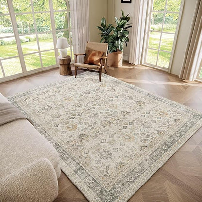 Washable 6x9 Area Rugs for Living Room, Boho Non-Slip Vintage Distress Large Rugs for Bedroom Dining Room Nursery Office, 0.3" Neutral Oriental Throw Thin Carpet, Grey/Beige/Multi, C2