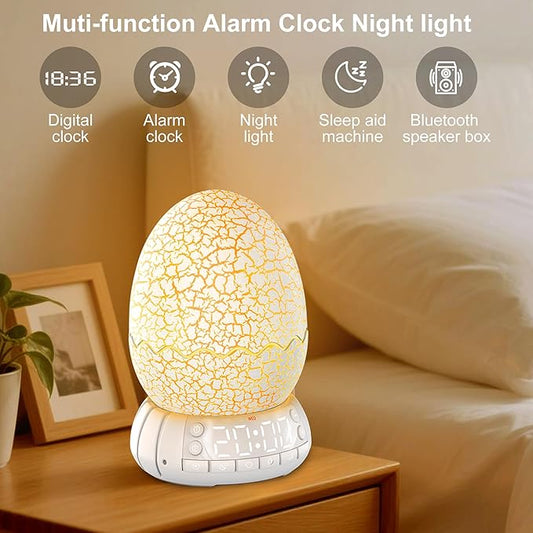 Dinosaur Egg Alarm Clock / Glowing Digital Clock with Night Light, 20 Soothing Sound Timer Training Sleep Machine/Bluetooth Speaker, Dinosaur Decor Lamp for Bedroom/Living Room, Gifts for Kids Adults
