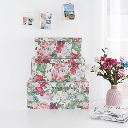 Soul & Lane Decorative Cardboard Storage Boxes with Lids for Home Decor and Organization, Set of 3 Large Keepsake Boxes for Memories & Gifts, Nesting Floral Photo Storage Containers, Rose Romance