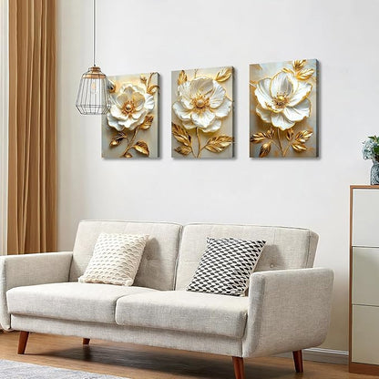 Modern White Floral Golden Leaves Canvas Wall Art Set, Neutral 3d Textured Flowers Wall Painting Pictures Boho Beige Blossom Wall Decor Posters Print Artwork for Bedroom Living Room Office 20x28x3Pcs