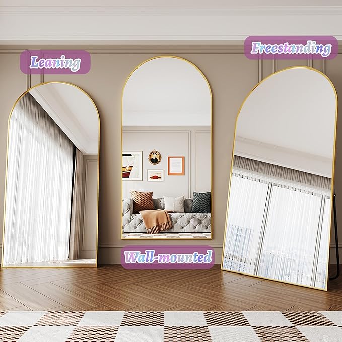 Full Length Mirror, 78"x38" Arched Floor Mirror Freestanding, Floor Standing Full Body Mirror with Stand for Bedroom, Hanging Mounted for Living Room Cloakroom, Gold