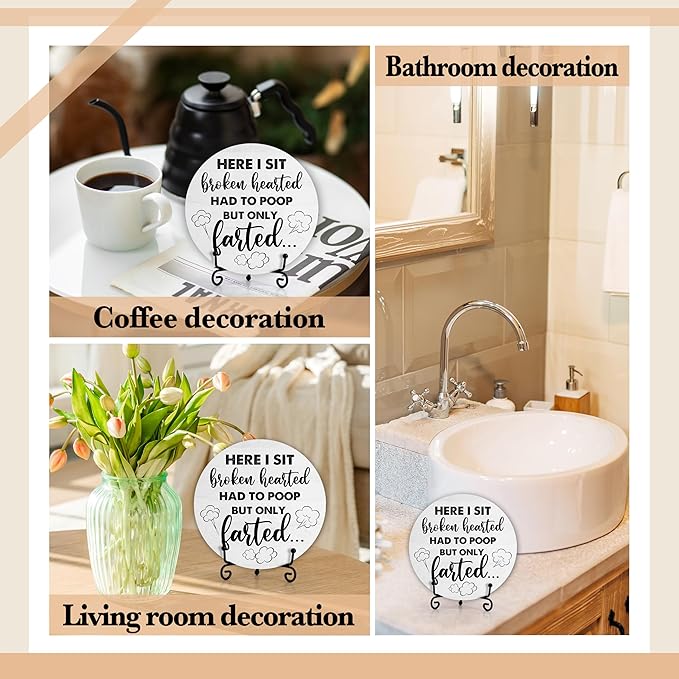 Funny Bathroom Decor, Modern Rustic Wooden Sign, 6 Inches, Tabletop, Here I Sit Broken Hearted Had To Poop