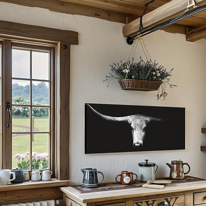 LevvArts Large Size Longhorn Cow Canvas Wall Art Black and White Western Cattle Portrait Photo Painting Artwork for Man Cave Home Office Living Room Decor 20"x48"