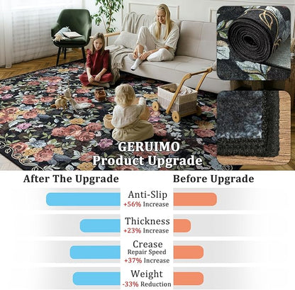 8x10 Machine Washable Area Rug for Living Room, Dark Blue Black Vintage Boho Floral Rug Large Non-Slip Low Pile Soft Faux Wool Carpet Kids and Pets Friendly for Bedroom Dining Room Farmhouse Decor Rug