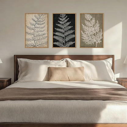 KAIRNE Vintage Botanical Framed Canvas Wall Art Set, Retro Fern Leaf Wall Decor, Rustic Black Tan Art Prints, Modern Minimalist Leaves Artwork for Living Room,Bedroom,Farmhouse,Office-24 x36 x3
