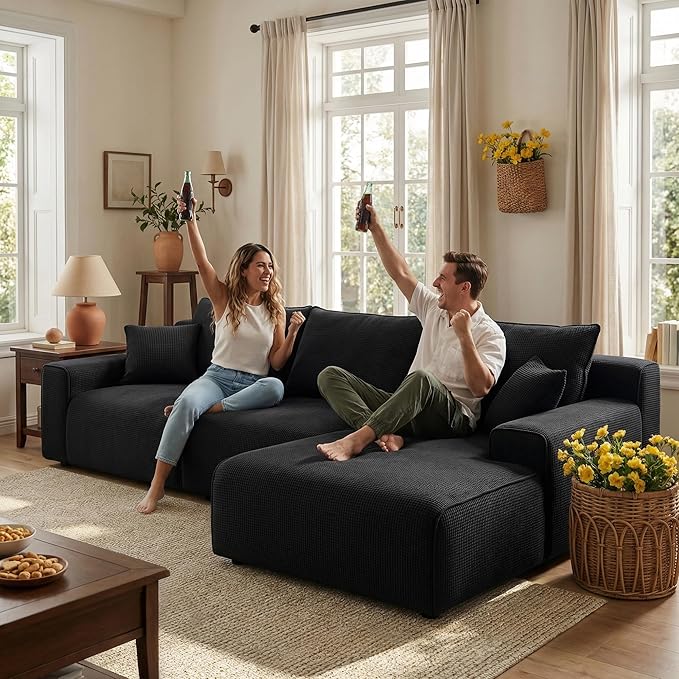 Homkdom L-Shaped Cloud Boneless Couch with Deep Seat, Modular Sectional Sofa with Oversized Chaise, 6 Layouts Combination for Living Room, Apartment, No Assembly (Black Check, Right Facing Chaise)