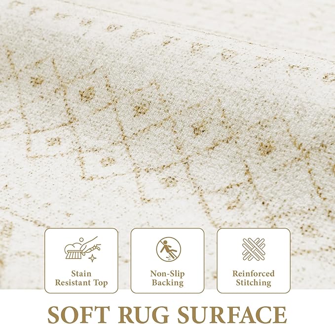 Area Rug 4x6 Geometric Rugs: Washable Boho Moroccan Rug Modern Neutral Stain Resistant Rugs Soft Farmhouse Indoor Floor Carpet for Living Room Bedroom Dining Table Nursery(Beige,4X6)