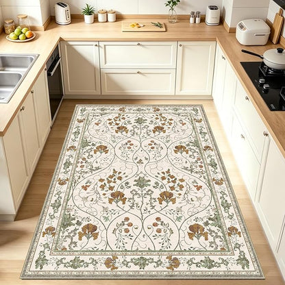Area Rug 3x5 Machine Washable Vintage Floral Rugs for Living Room, Small Boho Non Slip Indoor Entrance Rug for Kitchen Bedroom, Beige White