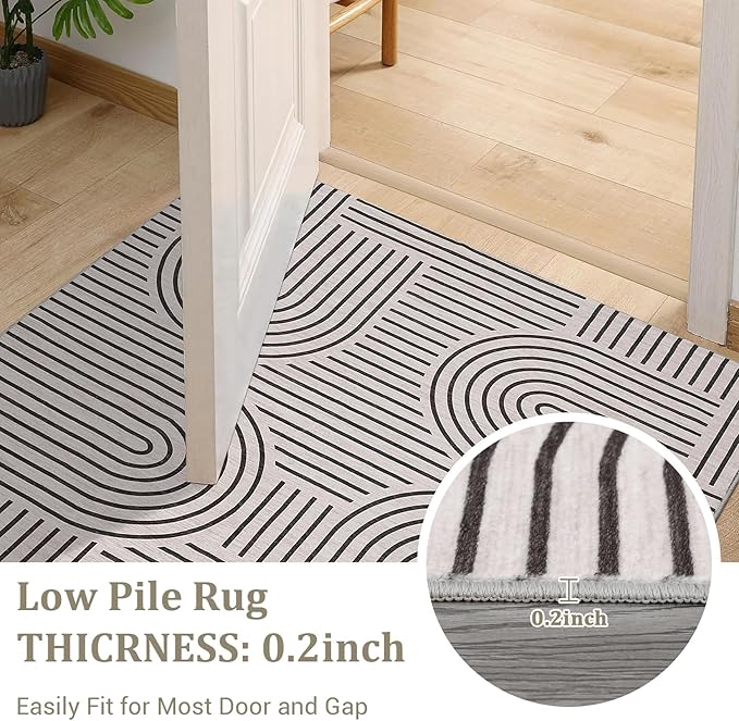 Washable Rug 3x5 Area Rugs for Living Room, Abstract Rug for Bedroom, Soft Rainbow Non Slip Throw Rugs with Rubber Back, Low Pile Stain Resistant Boho Geometric Carpet for Dining Room, LightCamel