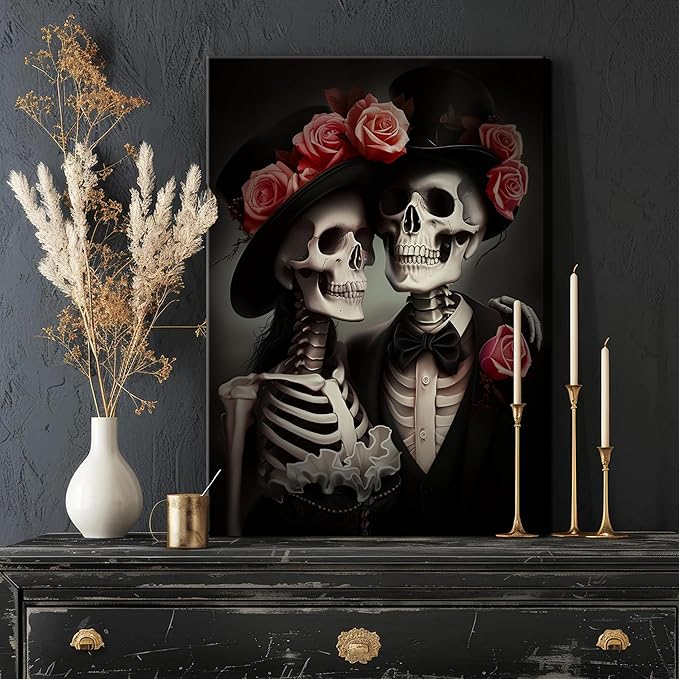 Gothic Canvas Wall Art Set of 3, Red Rose Skull Wall Decor Paintings, Dark Romantic Crow Goth Halloween Aesthetic Posters Prints for Bathroom, Living Room, Gallery, Home Decor 16x24Inch Framed
