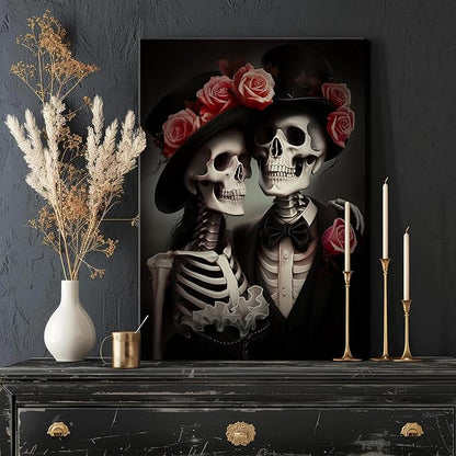 Gothic Canvas Wall Art Set of 3, Red Rose Skull Wall Decor Paintings, Dark Romantic Crow Goth Halloween Aesthetic Posters Prints for Bathroom, Living Room, Gallery, Home Decor 16x24Inch Framed