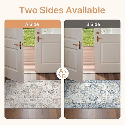 GENIMO 2x3 Reversible Door Mat for Entryway, Machine Washable Non Slip Vintage Rugs, Low Pile Lightweight Soft Print Rug for Hallway, Corridor, Home, Office, Kitchen, Taupe & Blue