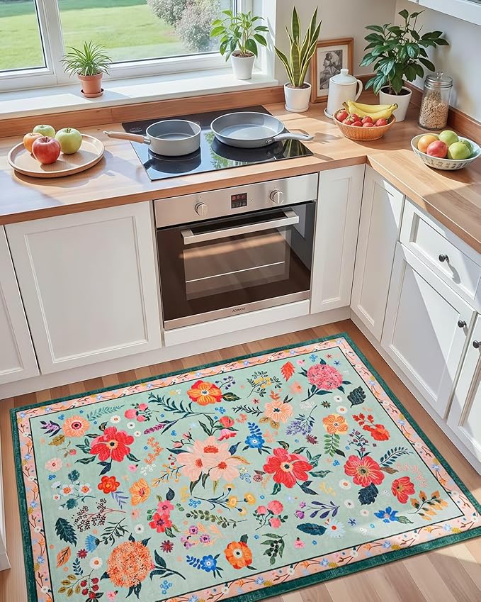 Macgace 3x5 Floral Rug for Girls Bedroom, Machine Washable Area Rugs with Non Slip Backingfor Living Room, Cute Flowers Carpet Kitchen Dining Room Kids Playroom Decor, Light Green
