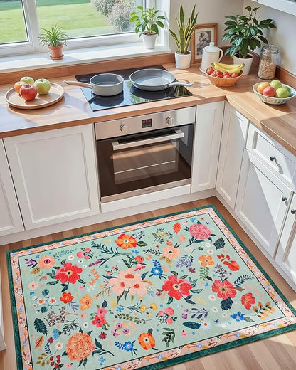 Macgace 3x5 Floral Rug for Girls Bedroom, Machine Washable Area Rugs with Non Slip Backingfor Living Room, Cute Flowers Carpet Kitchen Dining Room Kids Playroom Decor, Light Green