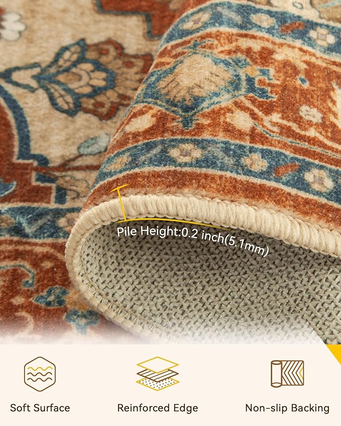RELEANY Area Rugs Round 5ft Washable Non-Slip, Floral Vintage Distress Print Pattern Medallion Carpet for Living Room Bedroom Dining Room, Red Orange Blue Brown