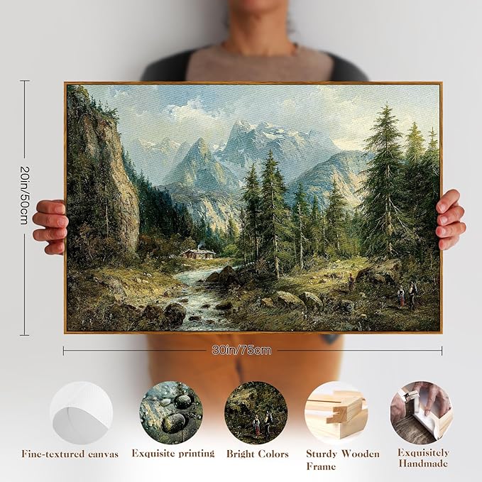 crmotu Vintage Framed Wall Art, Mountain River Landscape Canvas Painting, Pine Tree Forest Art Prints, Rustic Farmhouse Home Decorations, Pictures Wall Decor Living Room Bedroom Cottage 20x30in