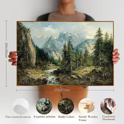 crmotu Vintage Framed Wall Art, Mountain River Landscape Canvas Painting, Pine Tree Forest Art Prints, Rustic Farmhouse Home Decorations, Pictures Wall Decor Living Room Bedroom Cottage 20x30in