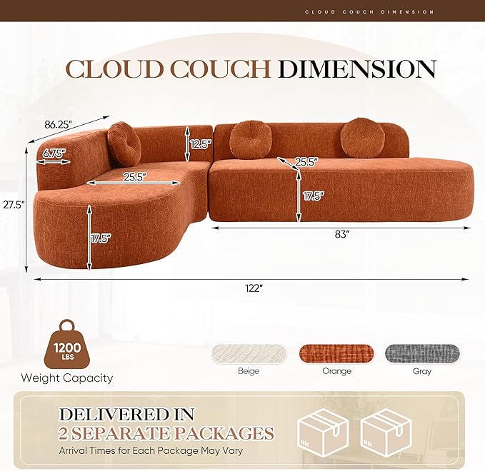 Deep Seat Curved Sectional Sofa - Cloud Round Couch with Elegant Curved Design & 3 Round Cushions, L-Shaped Comfy 4 Seater Floor Sofa, No Assembly Required (Orange)