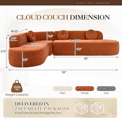 Deep Seat Curved Sectional Sofa - Cloud Round Couch with Elegant Curved Design & 3 Round Cushions, L-Shaped Comfy 4 Seater Floor Sofa, No Assembly Required (Orange)