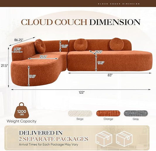Deep Seat Curved Sectional Sofa - Cloud Round Couch with Elegant Curved Design & 3 Round Cushions, L-Shaped Comfy 4 Seater Floor Sofa, No Assembly Required (Orange)
