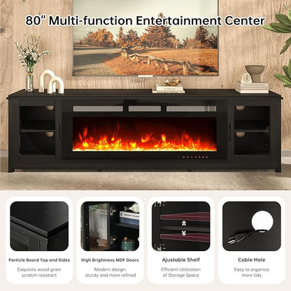 oneinmil 80" Fireplace TV Stand, 50 Inch Electric Fireplace & Modern Entertainment Center, TV Console with Adjustable Shelf & Glass Door for TVs Up to 90", Fire Place TV Stands for Living Room, Black