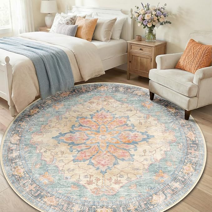 RELEANY Area Rugs Round 6ft Washable Non-Slip, Floral Vintage Distress Print Pattern Medallion Carpet for Living Room Bedroom Dining Room, Blue Orange Red