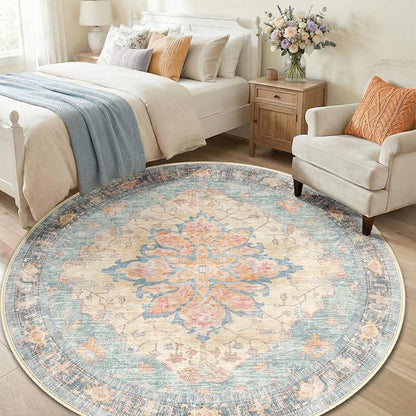 RELEANY Area Rugs Round 6ft Washable Non-Slip, Floral Vintage Distress Print Pattern Medallion Carpet for Living Room Bedroom Dining Room, Blue Orange Red