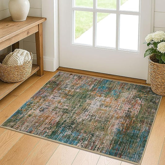 KILOCOCO Abstract Small Area Rug 2x3 Entryway Rug Washable Kitchen Rugs Door Mat Indoor Entrance Soft Pinted Non Slip Throw Rugs for Front Door Foyer Farmhouse Floor Mats, Green/Orange/Blue