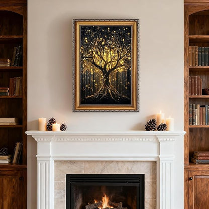 Balsuka Golden Tree of Life Wall Art Dark Academia Decor Poster Mystical Nature Forest Landscape Canvas Print Moody Botanical Enchanted Tree Painting for Living Room Bedroom 24x36inch Vintage Framed