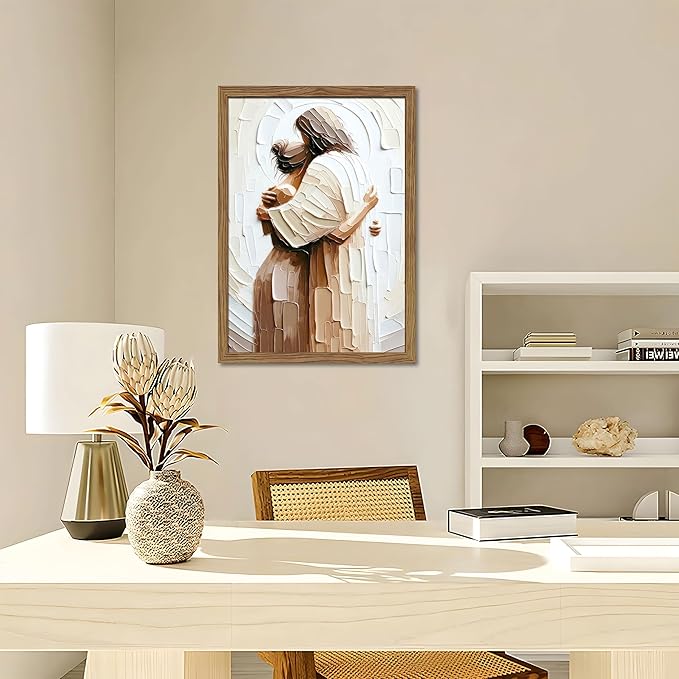 Wood Framed Jesus Embracing Woman Canvas Wall Art, Safe in His Arms Pictures Canvas Print Posters Wall Decor, Christian Wall Art Home Decor for Living & Prayer Room 12x16 inch