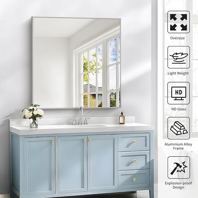 COFENY Silver Bathroom Mirror for Wall, 30x30 Inch Rectangle Mirrors with Metal Frame, Modern Vanity Wall Mirror Decor for Bathroom Living Room, Entryway Hangs Horizontal or Vertical