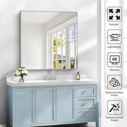 COFENY Silver Bathroom Mirror for Wall, 30x30 Inch Rectangle Mirrors with Metal Frame, Modern Vanity Wall Mirror Decor for Bathroom Living Room, Entryway Hangs Horizontal or Vertical