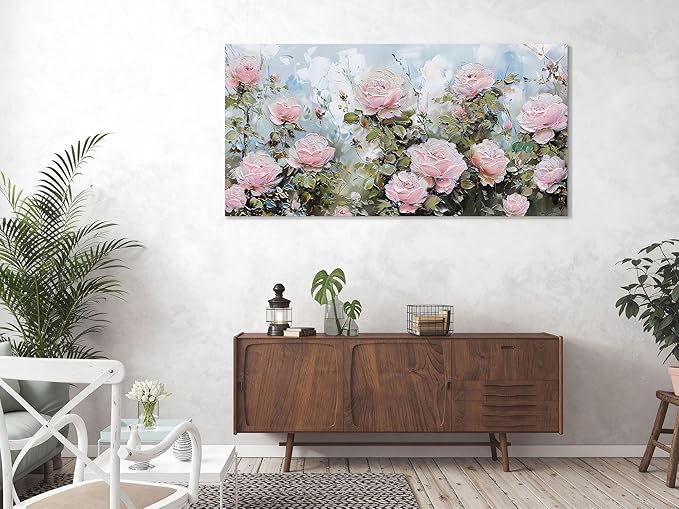 Ardemy Flower Wall Art Canvas Art Wall Decor, Floral Painting Textured Picture Living Room, Pink Rose Artwork Framed for Bedroom Kitchen Dining Room Home Office Decor Extra Large 58"x29"