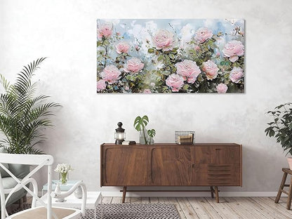 Ardemy Flower Wall Art Canvas Art Wall Decor, Floral Painting Textured Picture Living Room, Pink Rose Artwork Framed for Bedroom Kitchen Dining Room Home Office Decor Extra Large 58"x29"