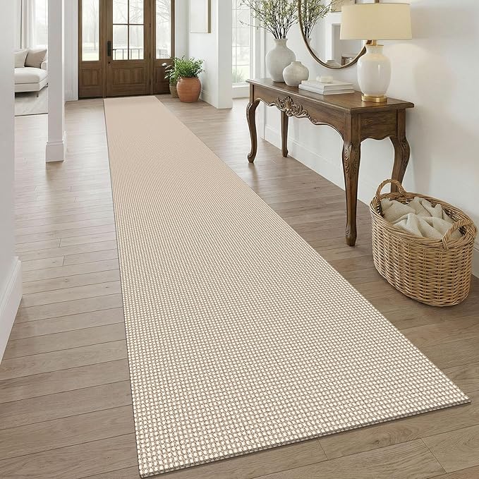 KOZYFLY 3x20 Runners Rugs for Hallway, Extra Long Washable Runner Rug, Non Slip Rubber Backed Kitchen Runner, Cotton Entryway Rug, Floor Carpet for Entry, Aisle, Hall, Ivory/Camel/Brown