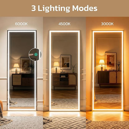 Full Length Mirror with Lights, 71" x 26" LED Floor Mirror, Full Body Dressing Standing Mirrors with Dimming & 3 Color Lighting, Hanging Mounted Mirrors for Living Room Bedroom Cloakroom