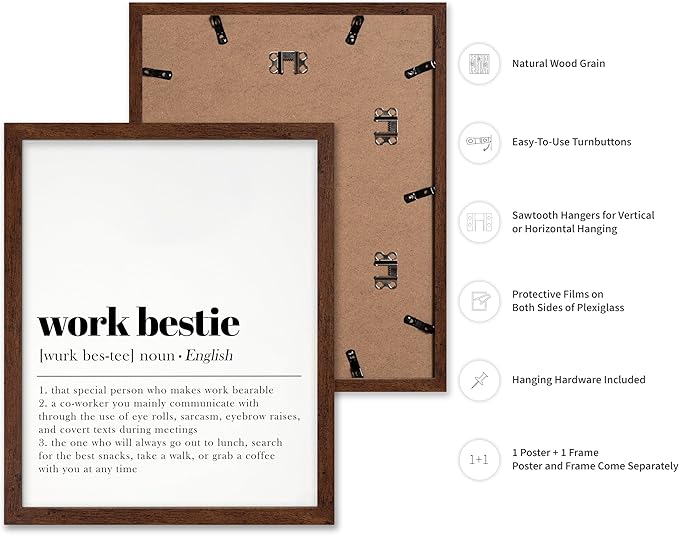 Poster Master Typography Poster - Dictionary Print - Work Bestie Definition, Special Person Who Makes Work Bearable - Gift for Colleague, Friend - Wall Decor for Home, Office, 16x20 Brown Framed