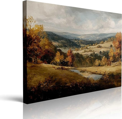 Calming Forest Mountain Landscape Canvas Wall Art Framed Oil Painting Autumn Stream Rolling Hills Moody Nature Wall Decor Artwork Print Poster Peaceful Scene for Living Room Bedroom 16x24 Inches
