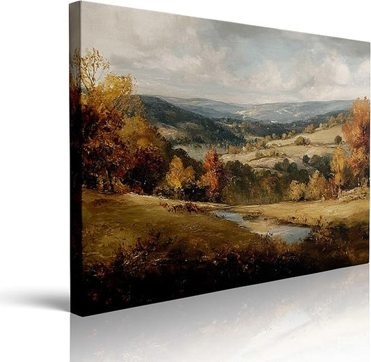 Calming Forest Mountain Landscape Canvas Wall Art Framed Oil Painting Autumn Stream Rolling Hills Moody Nature Wall Decor Artwork Print Poster Peaceful Scene for Living Room Bedroom 16x24 Inches