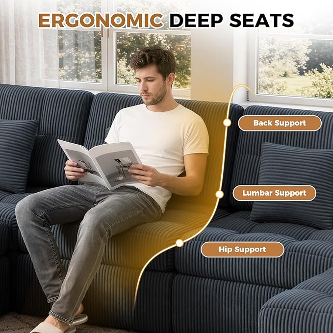 144" U Shaped Cloud Boneless Couch,Modern Modular Sectional Sofa with Layered Cushion,No Assembly Convertible Corduroy Couches for Living Room,Grey 1 PCS