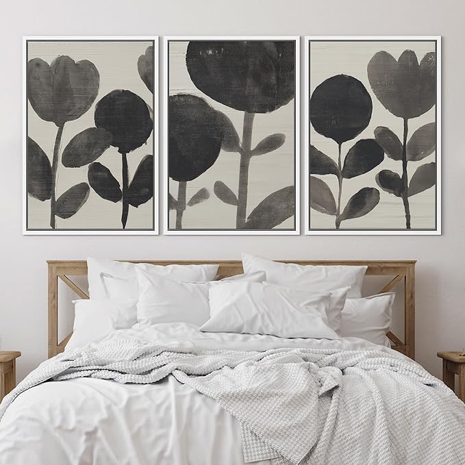 SIGNLEADER Framed Canvas Print Wall Art Set Black Ink Floral Silhouette Neutral Illustrations Minimal Decorative Bohemian Nordic for Living Room, Bedroom, Office - 16"x24"x3 WHITE