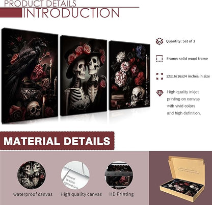 Gothic Canvas Wall Art Set of 3, Red Rose Skull Wall Decor Paintings, Dark Romantic Crow Goth Halloween Aesthetic Posters Prints for Bathroom, Living Room, Gallery, Home Decor 12x16Inch Framed